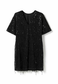 Schwarzes Kleid mit V-Ausschnitt, kurzen Ärmeln, bedeckt mit vertikalen Pailletten und Fransenverzierungen am Saum, das eine strukturierte Oberfläche präsentiert.