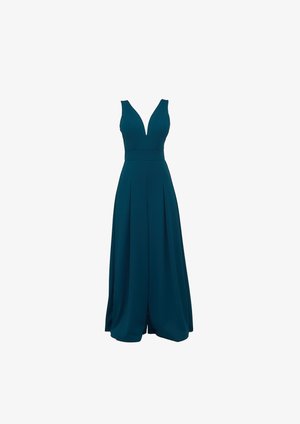 Teal sleeveless dress with a deep V-neck, fitted bodice, and wide pleated skirt, made from smooth, flowing fabric.