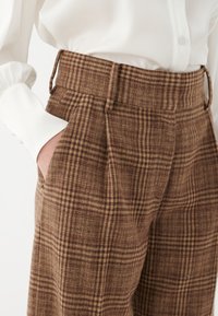 Hellebraune karierten High-Waist-Hosen mit Vorderfalten, strukturiertem Stoff und seitlichen Taschen. Kombiniert mit einer weißen Bluse mit langen Ärmeln.