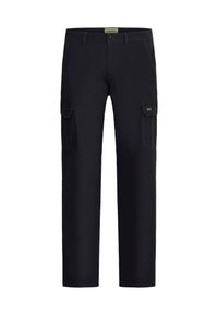 Black cargo pants made of durable fabric, featuring side pockets, reinforced stitching, and a straight-leg design.