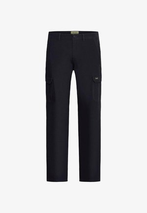 Schwarze Cargo-Hosen aus strapazierfähigem Stoff, mit seitlichen Taschen, verstärkten Nähten und geradem Bein-Design.