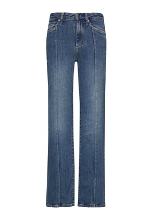 Blue denim jeans with a straight leg design, featuring front pockets, a zipper fly, and subtle stitching details along the seams.