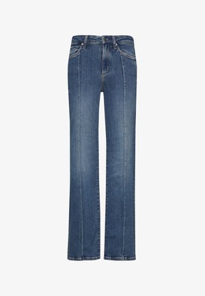 Blue denim jeans with a straight leg design, featuring front pockets, a zipper fly, and subtle stitching details along the seams.