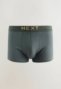 Temno zeleni moški boxer šortki z širokim temnim pasom, na katerem je v zlatih črkah napisano ime blagovne znamke "NEXT".