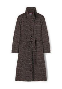 Cappotto lungo in misto lana con colletto alto, tessuto testurizzato, motivo rosso scuro e nero, doppi bottoni e una cintura abbinata in vita.