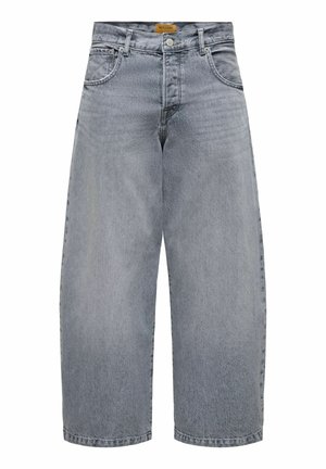 Szerokie jasnoszare dżinsy z denimu z przodu na guzik i zamek, szlufkami na pasek i przednimi kieszeniami.