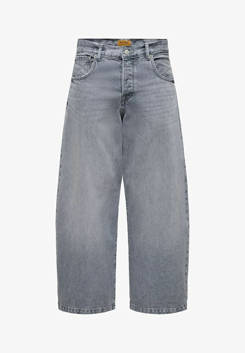 Jean en denim gris clair à jambes larges avec bouton et fermeture éclair devant, passants de ceinture et poches avant.