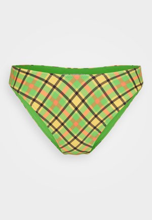 Plaid bikini bottom featuring a green waistband, with a pattern of yellow, orange, and black squares against a green background.