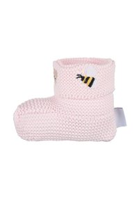 Dziane różowe buciki dla niemowląt z mankietem, ozdobione haftowanymi wzorami pszczół i zwierząt. Miękka tekstura z płaską białą metką po boku.