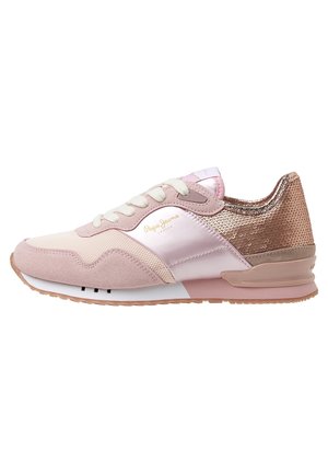 Pink- und rosegoldfarbener Sneaker mit Mesh-, Wildleder- und Pailletten-Details, weißen Schnürsenkeln und "Pepe Jeans London"-Logo an der Seite.