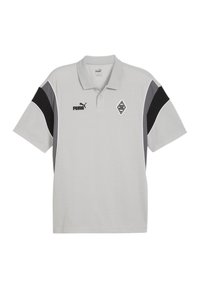 Hellgraues Puma-Polohemd mit schwarzen und dunkelgrauen Schulterpaneelen, Puma-Logo auf der linken Brust und dem Emblem von Borussia Mönchengladbach auf der rechten Brust.