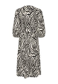 Black and white zebra print dress with a relaxed fit, three-quarter sleeves, and a knee-length hem, featuring smooth fabric texture.