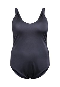 Viengabojamais peldkostīms tumšā jūras peļļā ar gludu, spīguļojošu tekstūru. Tam ir plaši plecu siksnas un zems V-veida kakla izgriezums, kas paredzēts ērtībām.
