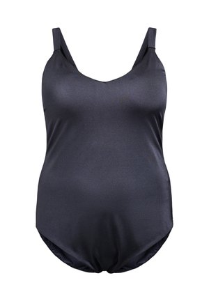 Einteiliger Badeanzug in dunkelblau mit einer glatten, glänzenden Textur. Er hat breite Träger und einen tiefen V-Ausschnitt, der für Komfort sorgt.