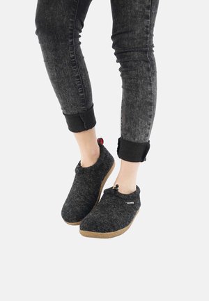Gray felt slippers with a textured upper, rounded toe, and elastic accents, paired with black jeans featuring rolled cuffs.