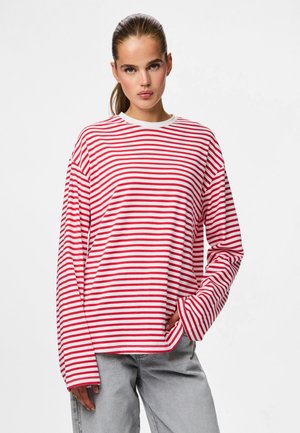 Long-sleeve red and white striped shirt with a rounded neckline and relaxed fit, featuring elastic cuffs and a straight hem.