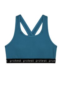 Sininen urheiluliivi, joka on valmistettu teksturoidusta kankaasta, ja jonka vyötäröllä on musta elastinen nauha, jossa on "protesti"-logo sekä urheilullinen racerback-malli.