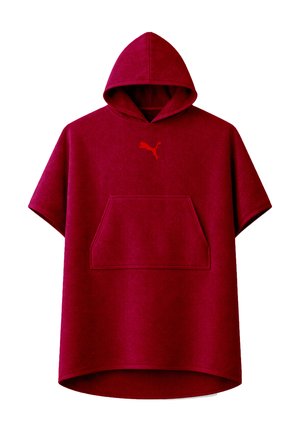Red short-sleeve hooded poncho with front kangaroo pocket and small red Puma logo centered on the chest.