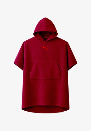 Rotes kurzärmeliges Kapuzenponcho mit vorderer Kängurutasche und kleinem roten Puma-Logo zentriert auf der Brust.