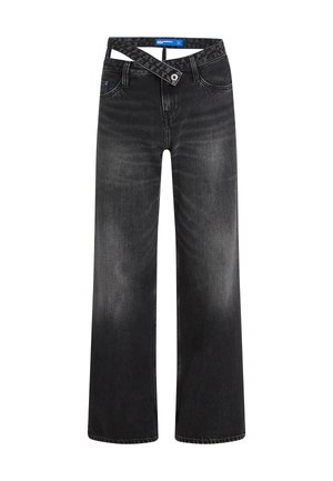 Jeans neri a gamba larga con una finitura sbiadita, caratterizzati da un design unico della cintura incrociata, cinque tasche e una chiusura con bottone standard.
