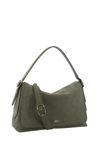 Green suede handbag with a curved shape, a detachable strap, and a gold buckle accent. Smooth texture and minimalistic design.