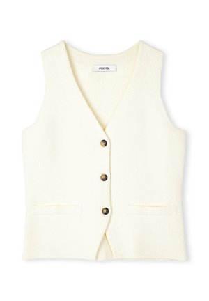 Gilet en laine de couleur crème avec un col en V, cinq boutons et deux poches avant. Texture douce avec un aspect subtilement chaud.
