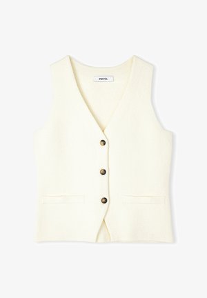 Gilet di lana color crema con scollo a V, cinque bottoni e due tasche frontali. Texture morbida con un aspetto delicatamente caldo.