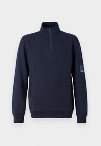 Sudadera de color azul marino, hecha de un tejido suave, con un cuello alto, media cremallera, bolsillo frontal y logotipo bordado en la manga.