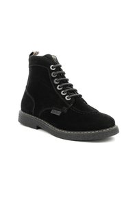 Botines de ante negros con un acabado texturizado, que presentan un cierre de cordones en la parte frontal, costuras en contraste y una suela de goma duradera.