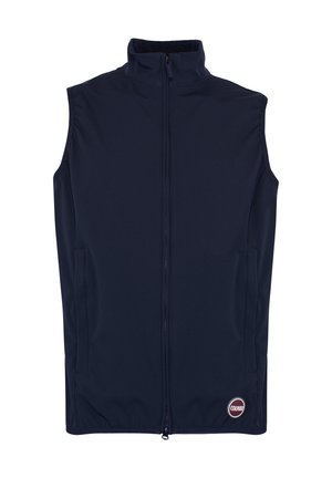 Hõlmiketa mereväesinine kapuutsiga vest, millel on seisev krae ja küljetaskud, väikese ümmarguse Colmari logoga ääre lähedal.