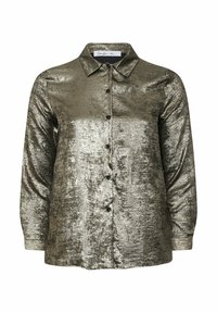 Camicia a maniche lunghe verde oliva metallizzato con colletto a punte, chiusura frontale con bottoni e finitura testurizzata. Presenta bottoni neri e una vestibilità rilassata.