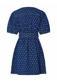 Denim-kleid med korte puffærmer, marineblå med hvide prikker, indsnørret talje med et matchende bælte og en rund halsudskæring.