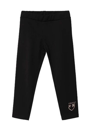 Leggings nere aderenti per bambini con vita elasticizzata e un piccolo design di cuore rosa e stella vicino alla parte inferiore di una gamba.