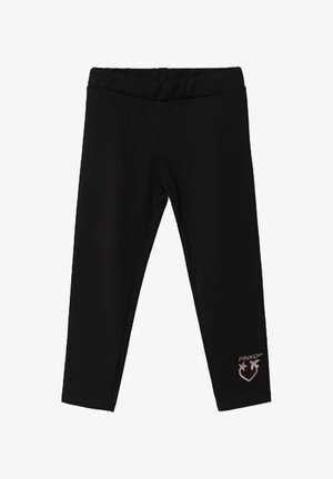 Leggings nere aderenti per bambini con vita elasticizzata e un piccolo design di cuore rosa e stella vicino alla parte inferiore di una gamba.