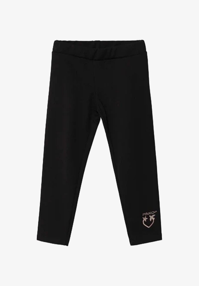 Leggings nere aderenti per bambini con vita elasticizzata e un piccolo design di cuore rosa e stella vicino alla parte inferiore di una gamba.