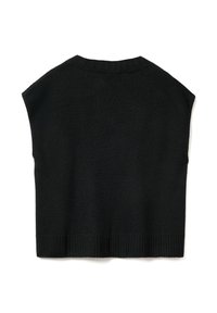 Schwarzes, ärmelloses Strickoberteil mit geripptem Saum und leicht abgerundeten Schultern. Hergestellt aus einem weichen, strukturierten Stoff. Einfaches und minimalistisches Design.