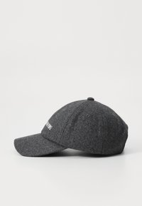 Gray wool baseball cap with a curved brim and an embroidered logo on the front. The texture is soft and slightly fuzzy.