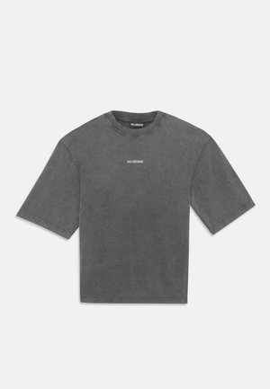 Charcoal gray oversized short-sleeve T-shirt with a small white "HAN KJØBENHAVN" logo centered on the chest.