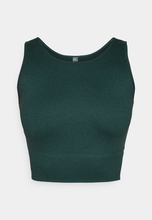 Dark green ribbed cropped tank top with a round neckline and wide straps, made of a textured knit material.