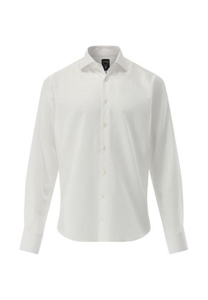 Weißes Langarmhemd mit Knopfleiste, klassischem Kragen und subtilen Karomuster. Hergestellt aus glattem Stoff mit taillierter Passform.
