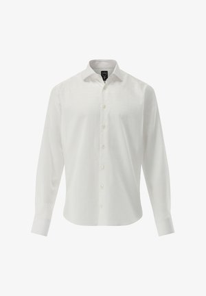 Weißes Langarmhemd mit Knopfleiste, klassischem Kragen und subtilen Karomuster. Hergestellt aus glattem Stoff mit taillierter Passform.