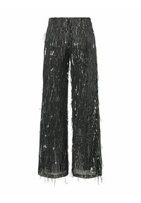 Franje zwarte wijde broek met verticale metallic details, voorzien van een gestructureerd oppervlak en een hoge tailleontwerp voor een gedurfde uitstraling.