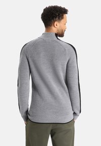 Grauer Rippstrickpullover mit hohem Kragen, der schwarze Akzente an den Seiten aufweist und einen engen Schnitt am Saum und an den Bündchen hat.