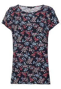 Námořnické tričko s krátkým rukávem, ozdobené květinovým vzorem s malými červenými, růžovými a modrými květy, vyrobené z jemné látky s kulatým výstřihem.