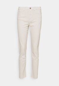 Beige denim jeans met een rechte pijpdesign, vijf zakken en een knoopsluiting. Zachte textuur en minimale stikdetails.