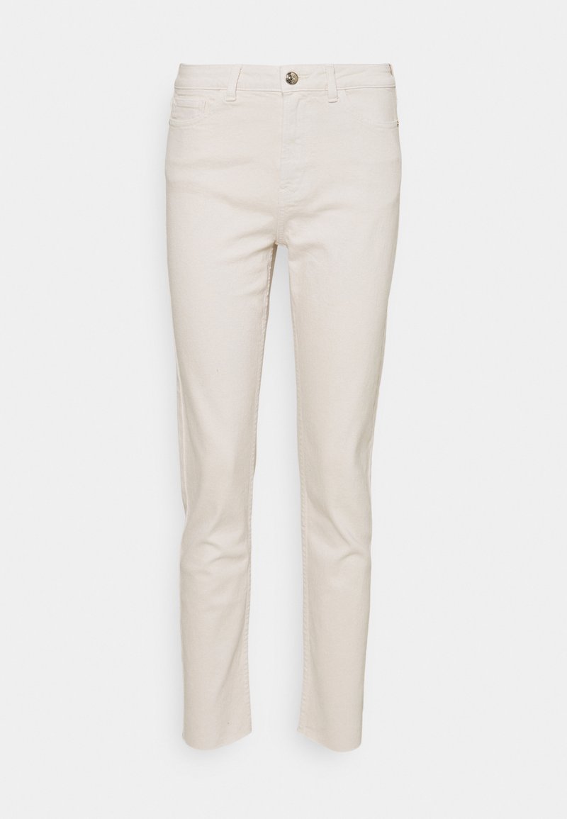 Beige denim jeans met een rechte pijpdesign, vijf zakken en een knoopsluiting. Zachte textuur en minimale stikdetails.