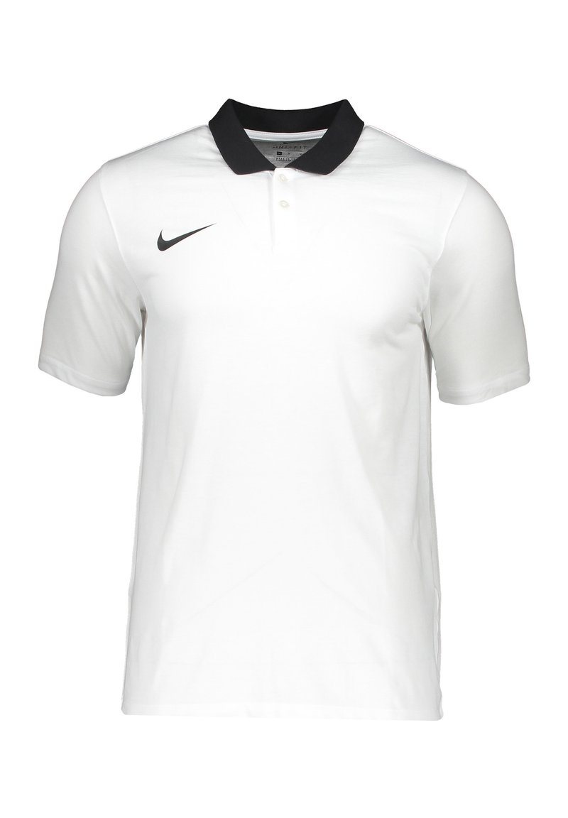 Bílá polo tričko s černým límečkem a malým černým logem Nike na levé hrudi. Vyrobeno z hladkého materiálu, má krátké rukávy.