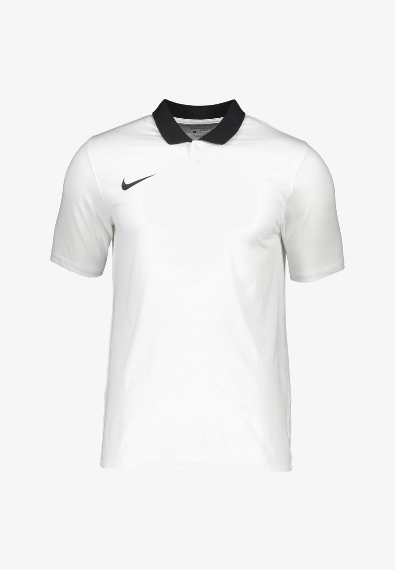 Polo bianco con colletto nero e un piccolo logo Nike nero sul lato sinistro del petto. Realizzato in tessuto liscio, presenta maniche corte.
