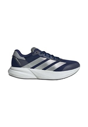Navy running shoe with metallic silver stripes, mesh upper, gray accents, cushioned white sole, and textured detailing on the upper.