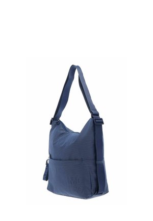 Bolso de hombro azul marino con correa ajustable, bolsillo delantero con cremallera y diseño de tela texturizada.